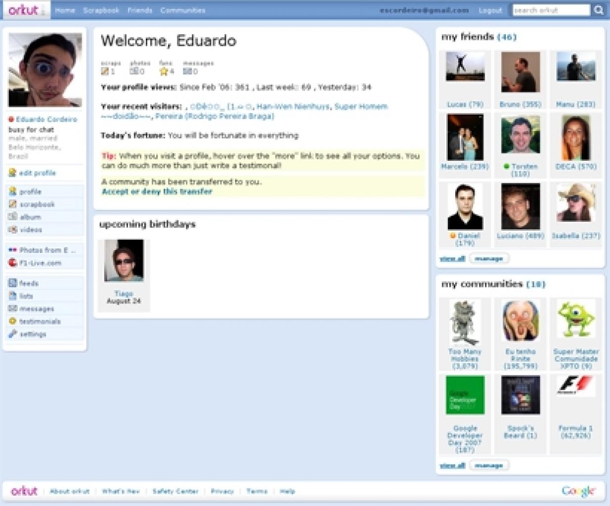 [18/10/2011] Google Orkut - ein weiterer Facebook-Konkurrent von Gogle, in den USA und Europa nicht relevant, in Brasilien und Indien der Renner. 