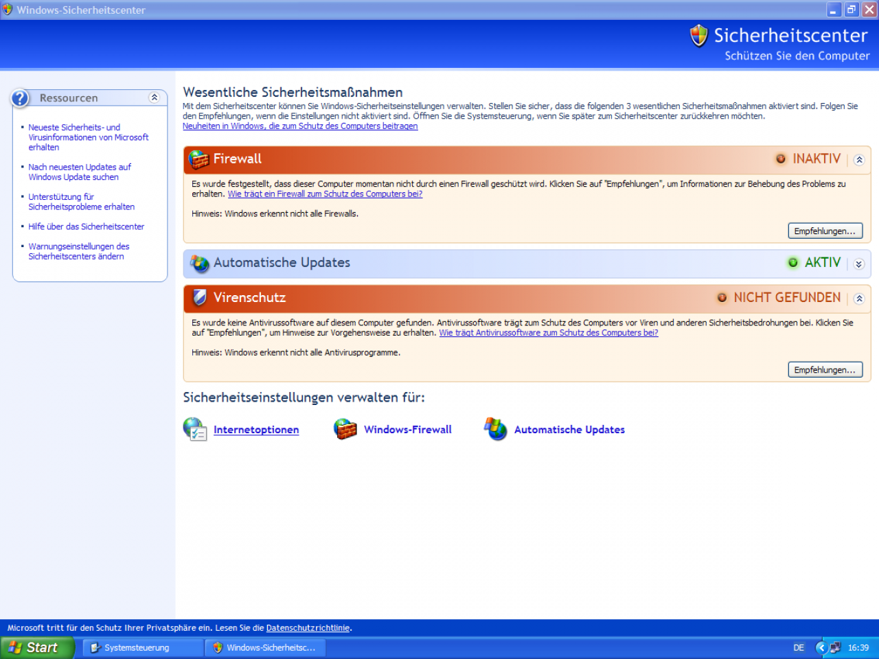 [24/10/2011] Das Sicherheitscenter kam zwar erst mit SP2 dazu, aber es ist ein XP-Verdienst, dass Komfort und Sicherheit von Windows ME und Windows 2000 endlich zusammengeführt wurden (Zum Beispiel Zip-Support des Explorers). Zusammen ergeben die beiden Alten ein tolles Neues.