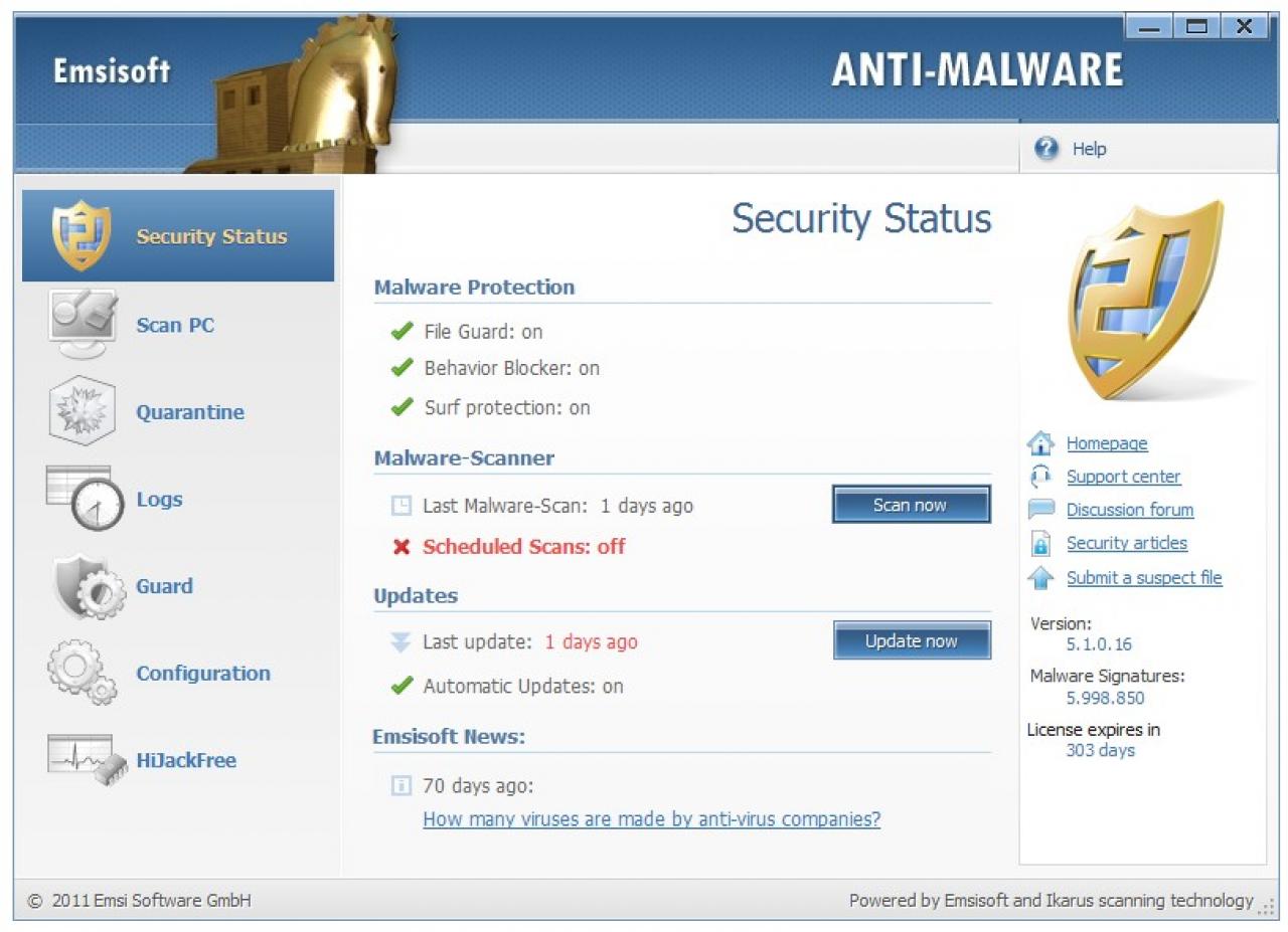 [31/10/2011] Platz 20: Emsisoft Anti Malware 5.1 - Malware-Schutz: 5,0 Punkte; Malware-Entfernung: 2,5 Punkte; Performance/Bedienung: 2,5 Punkte; Summe: 10,0 Punkte - Anbieter