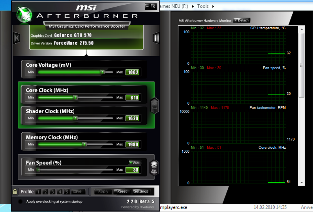 [03/10/2011] Der Afterburner von MSI ist ein leistungsstarkes Tool, um Spannung, Taktraten und Lüfterdrehzahl der Grafikkarte anzupassen. Darüber hinaus beherrscht das Tool Funktionen wie Screenshots und Videoaufnahme. Alle Einstellungen können in Profilen gespeichert werden. Das Tool funktioniert auch mit Karten, die nicht von MSI gefertigt wurden. Download Afterburner