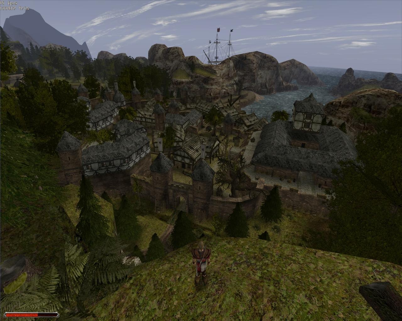 [25/10/2011] Gothic 2 (2002) + Die Nacht des Raben (2003): Blick auf die Hafenstadt mit maximalen Details - Ruckeln war damals garantiert!