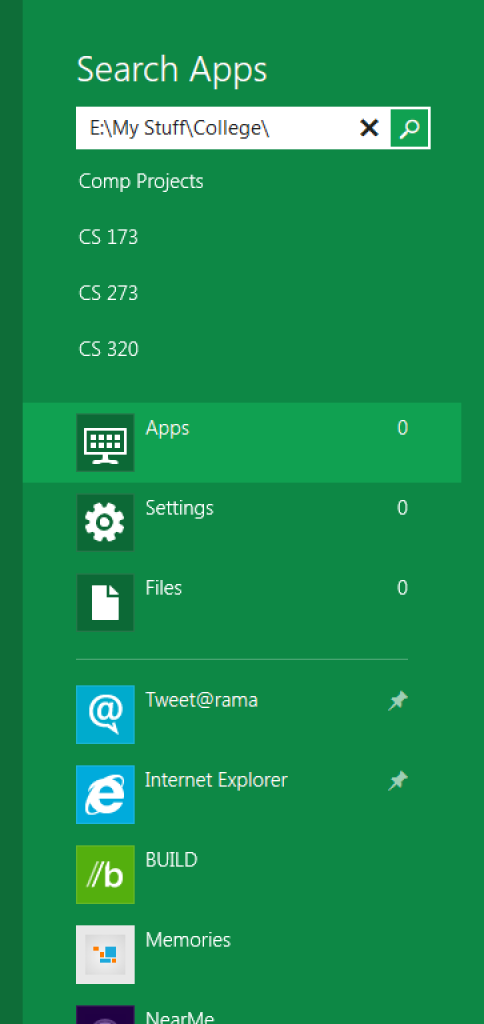 [22/10/2011] Windows 8 Suche: In drei Gruppen gegliedert soll die neue Suchfunktion noch schneller ans Ziel führen. Datei, Einstellung oder Programm, das kann der Suchende nun schneller herausfiltern. (6)