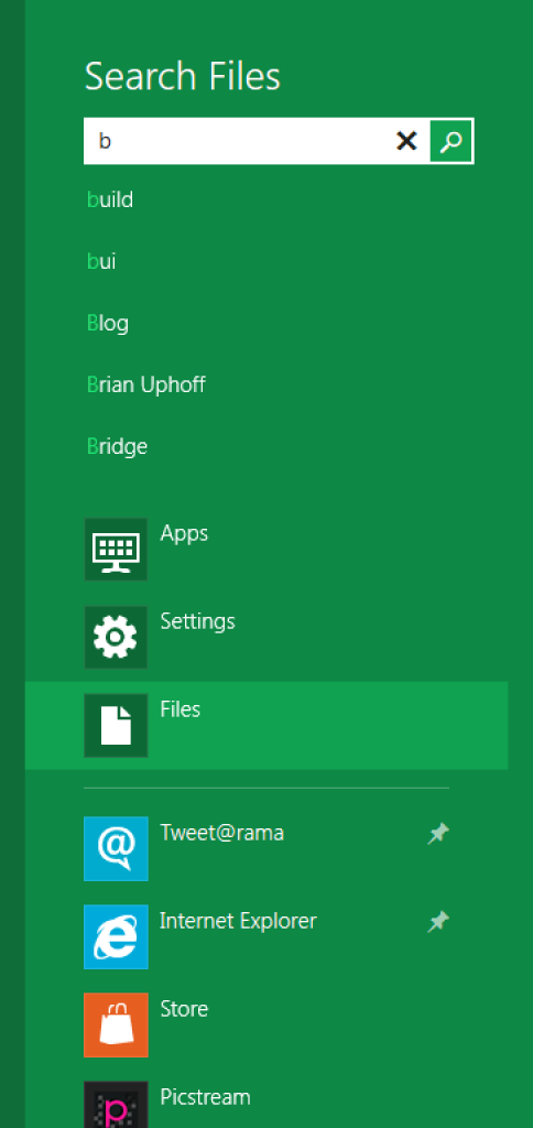 [22/10/2011] Windows 8 Suche: In drei Gruppen gegliedert soll die neue Suchfunktion noch schneller ans Ziel führen. Datei, Einstellung oder Programm, das kann der Suchende nun schneller herausfiltern. (7)