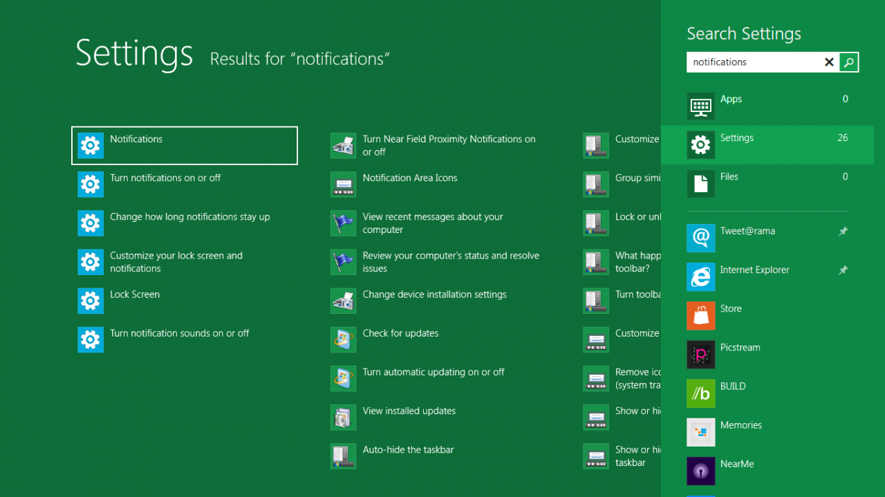 [22/10/2011] Windows 8 Suche: In drei Gruppen gegliedert soll die neue Suchfunktion noch schneller ans Ziel führen. Datei, Einstellung oder Programm, das kann der Suchende nun schneller herausfiltern. (8)