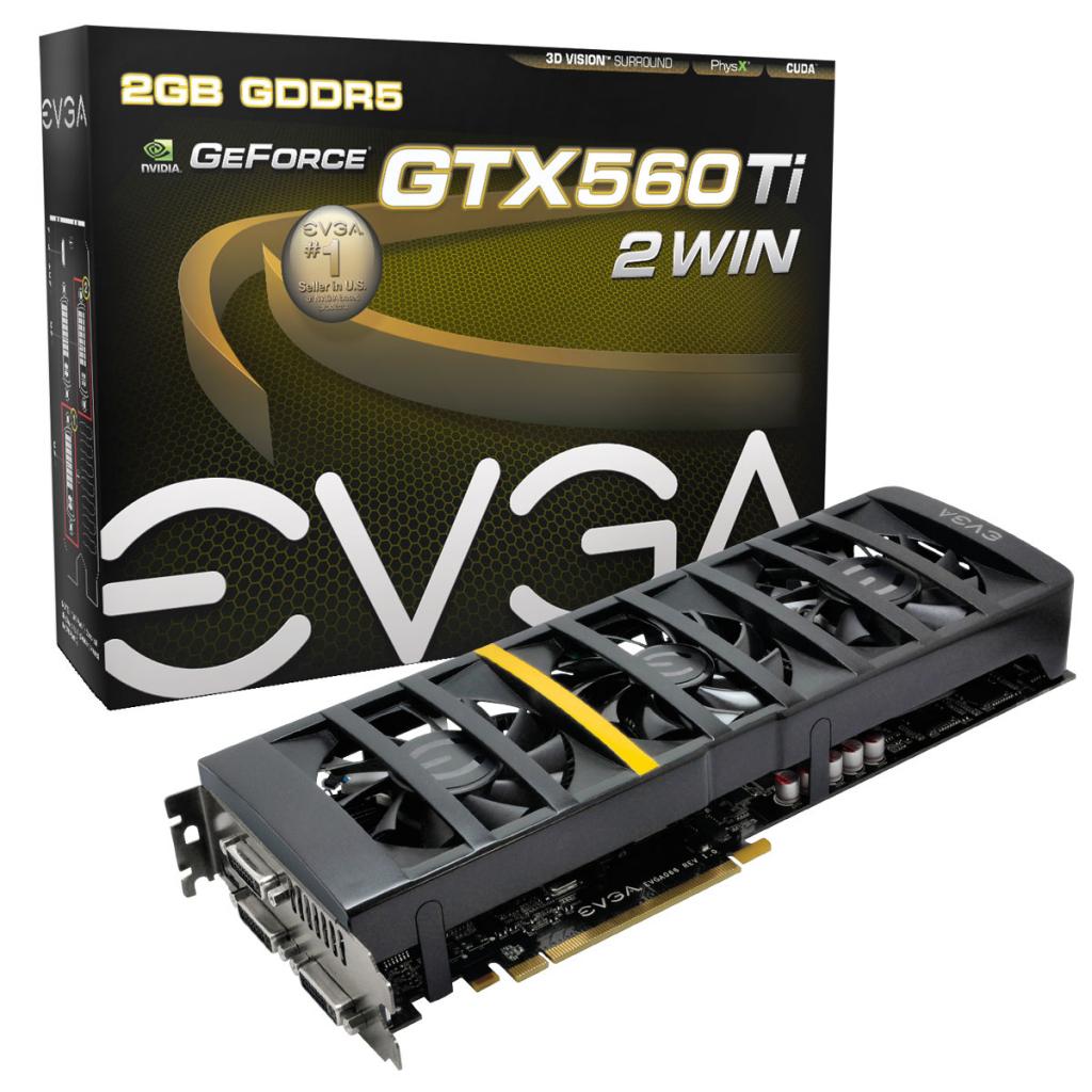 [05/11/2011] EVGA Geforce GTX 560 Ti 2Win: Die neue EVGA Geforce GTX 560 Ti 2Win ist der Nachfolger der EVGA Geforce GTX 460 2Win, die im Frühjahr vorgestellt wurde. Die neue Grafikkarte verwendet eine knapp 29,5 Zentimeter lange Platine und hat auch den Standardkühler durch ein leistungsfähigeres Modell mit drei Lüftern ersetzt. Vier Heatpipes und zwei Kühlkörper sollen die Wärme abführen.