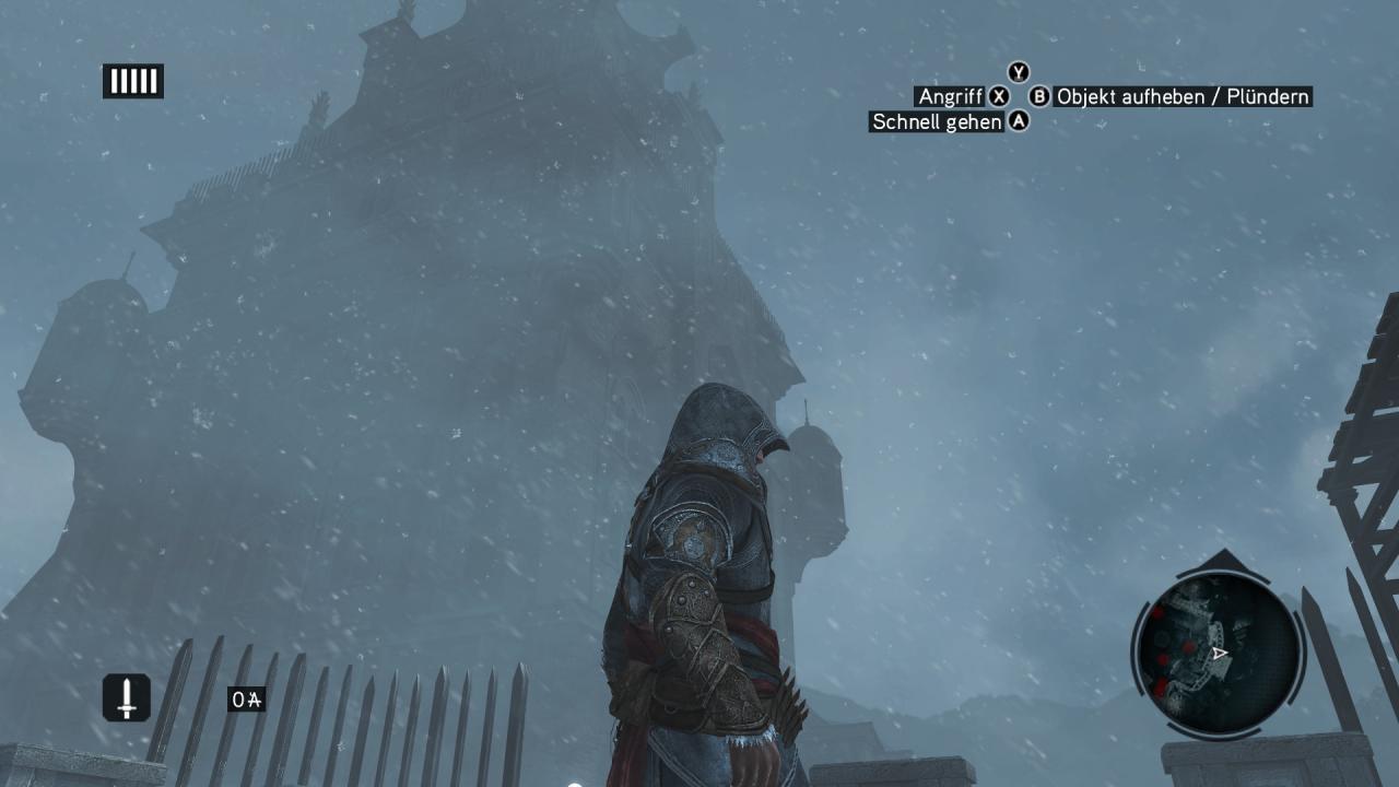 [29/11/2011] Das Ziel ist nicht zu übersehen: Auf diese Burg soll Ezio in gewohnter Manier klettern, der Geist Altairs führt in dabei jederzeit.