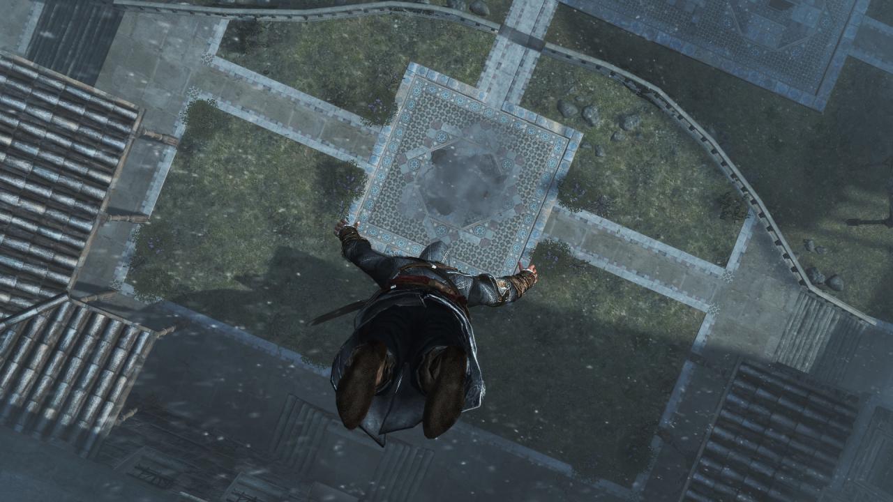 [29/11/2011] Ist man auf der Turmspitze angelangt, springt Ezio todesmutig in die Tiefe, nachdem eine Statue ein Loch in den Boden gerissen hat.