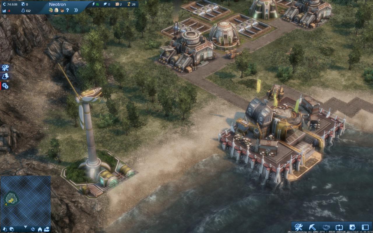 [01/11/2011] Schon relativ früh finden sich die ersten Gameplay-Unterschiede zu den Vorgängern: Die Stromversorgung ist für die Produktionsleistung entscheidend und zwingt Sie schon sehr früh zum Aufbau einiger Kraftwerke. Als Eco setzen wir hier auf die Windkraft.