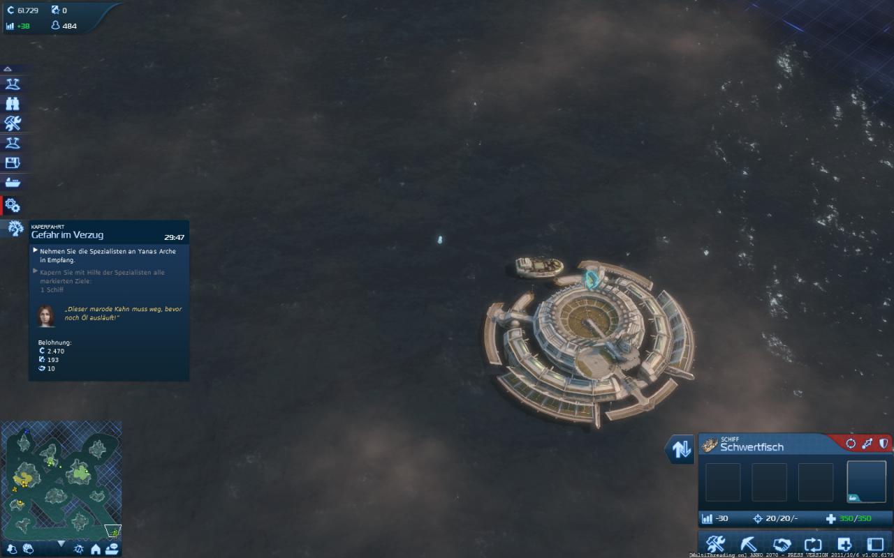 [01/11/2011] Immer wieder werden Sie in Anno 2070 mit Aufgaben von den NPCs konfrontiert (links). Diese sollen für etwas Abwechslung im normalen Strategiealltag sorgen und locken den Spieler mit schönen Belohnungen. Hier sollen wir ein Schiff aus Seenot retten.