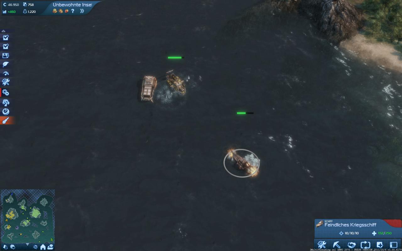 [01/11/2011] Die Welt in Anno 2070 ist nicht immer so friedlich wie am Anfang des Spiels. Hier wird ein feindliches Boot bekämpft. Für die Schlacht braucht man nun keine Waffen mehr, sondern Munition. Die Produktion ist die gleiche: man muss sich zwischen Werkzeugen und Munition entscheiden, falls die Ressourcen knapp sind.