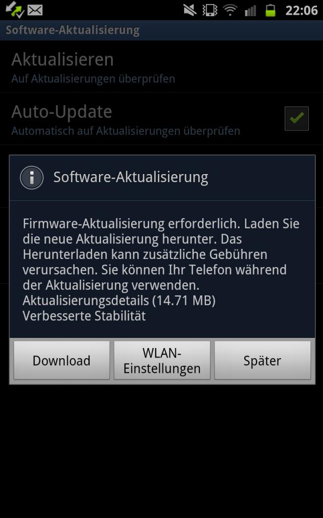 [25/11/2011] Das Update auf die aktuellen Android-Version 2.3.6 geschiet per WLAN (OTA - over the air).
