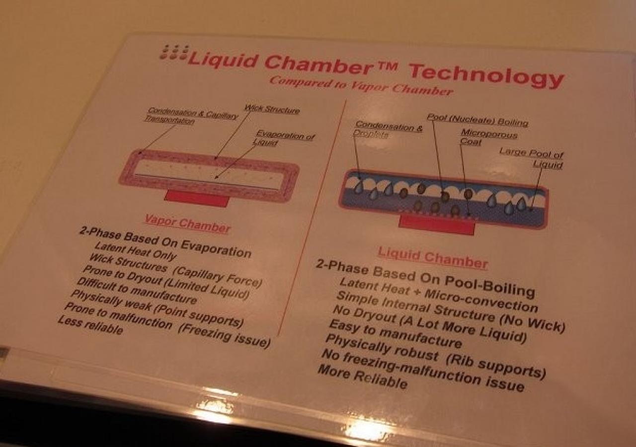 [13/11/2011] Laut AMD sind Liquid-Chamber-Kühler in allen Bereichen besser als die bisherigen Vapor-Chamber-Kühler.