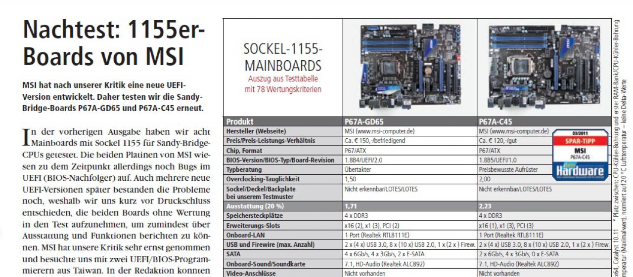 [21/12/2011] Februar: Im ersten Test von MSIs Sockel-1155-Mainboards P67-GD65 und P67A-C45 stellten wir Stabilitätsprobleme in Bezug auf Arbeitsspeicher fest. Daraufhin besuchte uns MSI mit zwei aus Taiwan eingeflogenen BIOS-Programmierern. In kürzester Zeit entstand eine neue BIOS-Version, die das Problem behob. In der darauffolgenden PCGH gab es natürlich einen Nachtest mit dem neuen BIOS.