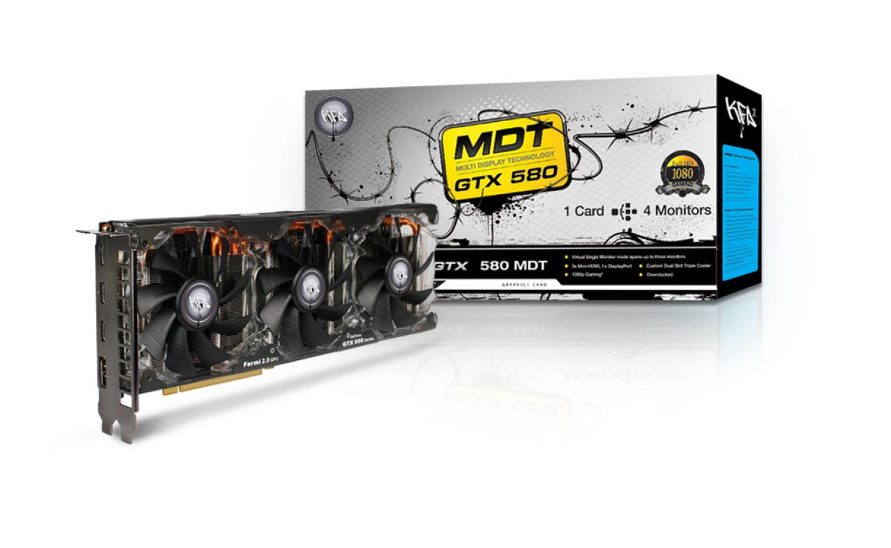 [16/12/2011] KFA² GTX 580 MDT X4 OC: Die KFA² Geforce GTX 580 MDT X4 OC basiert auf einer Custom-Platine und erlaubt das parallele Betreiben von vier Monitoren für Surround-Gaming. Damit dies nicht in Lärm ausartet, verbaut KFA² auf der Geforce GTX 580 MDT X4 OC eine Kühlung mit drei Lüftern. 