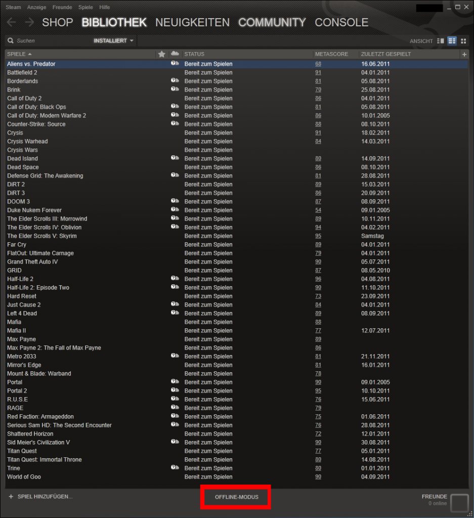 [20/12/2011] Bestätigen Sie den Offline-Modus, worauf Steam neu startet und ab sofort ohne Internet lauffähig ist; dies gilt auch für alle zu diesem Zeitpunkt vollständig (!) installierte Spiele die keinen Internet-Zugang benötigen. 