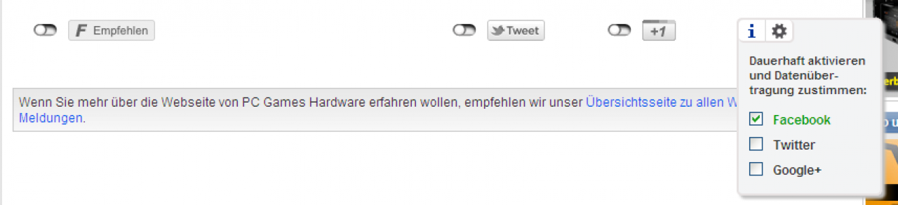 [12/12/2011] Über das Options-Menü können Dienste dauerhaft aktiviert werden, die Informationen dazu werden in einem Cookie gespeichert. So kann einfach entschieden werden, welche Services standardmäßig geladen werden (im Bild: Facebook).