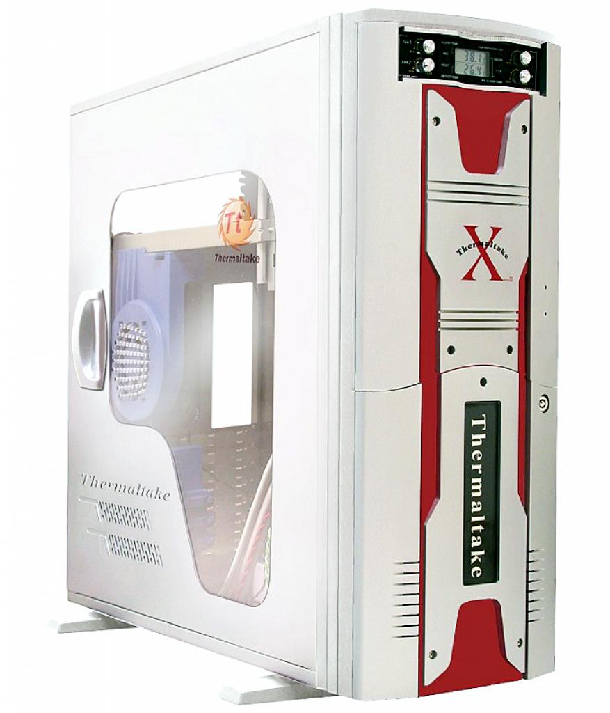 [25/01/2012] 2003 Thermaltake XASER III V2000A: Der Aluminiumtower besaß einen beleuchteten Feuerball in der Front, eine Lüftersteuerung, Seitenfenster und sieben 80-mm-Lüfter. Die Einlassöffnungen stattete Thermaltake mit Staubfiltern aus, die jedoch schlecht erreichbar waren. 