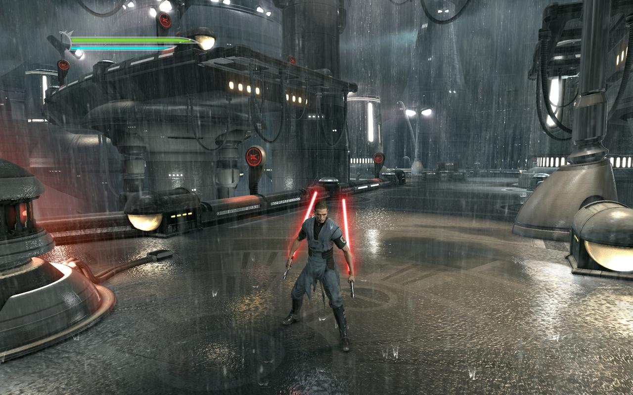 [20/01/2012] 2010: Star Wars The Force Unleashed 2 hat sich mit Kamino ein überaus praktisches Setting ausgesucht, wenn um spiegelnde regennasse Oberflächen geht