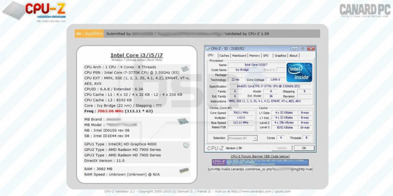 [25/02/2012] Der Intel Core i7-3770K wurde auf über sieben Gigahertz übertaktet. Ein Multiplikator von 63 sowie ein Bus-Takt von 112 MHz machen es möglich.