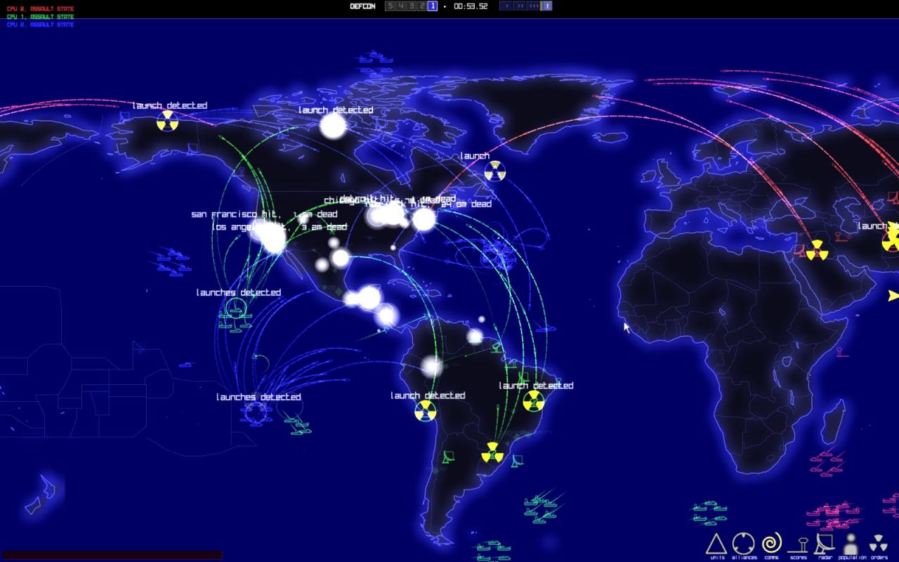 [13/02/2012] Defcon (2008): Wie ein Atomkrieg aus der Sicht eines Computers verläuft, wird in dem Strategiespiel Defcon klargemacht. Ganz nüchtern werden hier Atomraketen auf andere Städte geschossen, die Todeszahlen erscheinen kommentarlos über der getroffenen Metropole. Gewonnen hat der Spieler, der weniger Todesopfer zu beklagen hat.