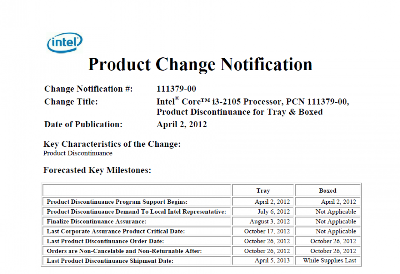 [27/03/2012] Intel lässt den Core i3-2105 mit HD Graphics 3000 auslaufen