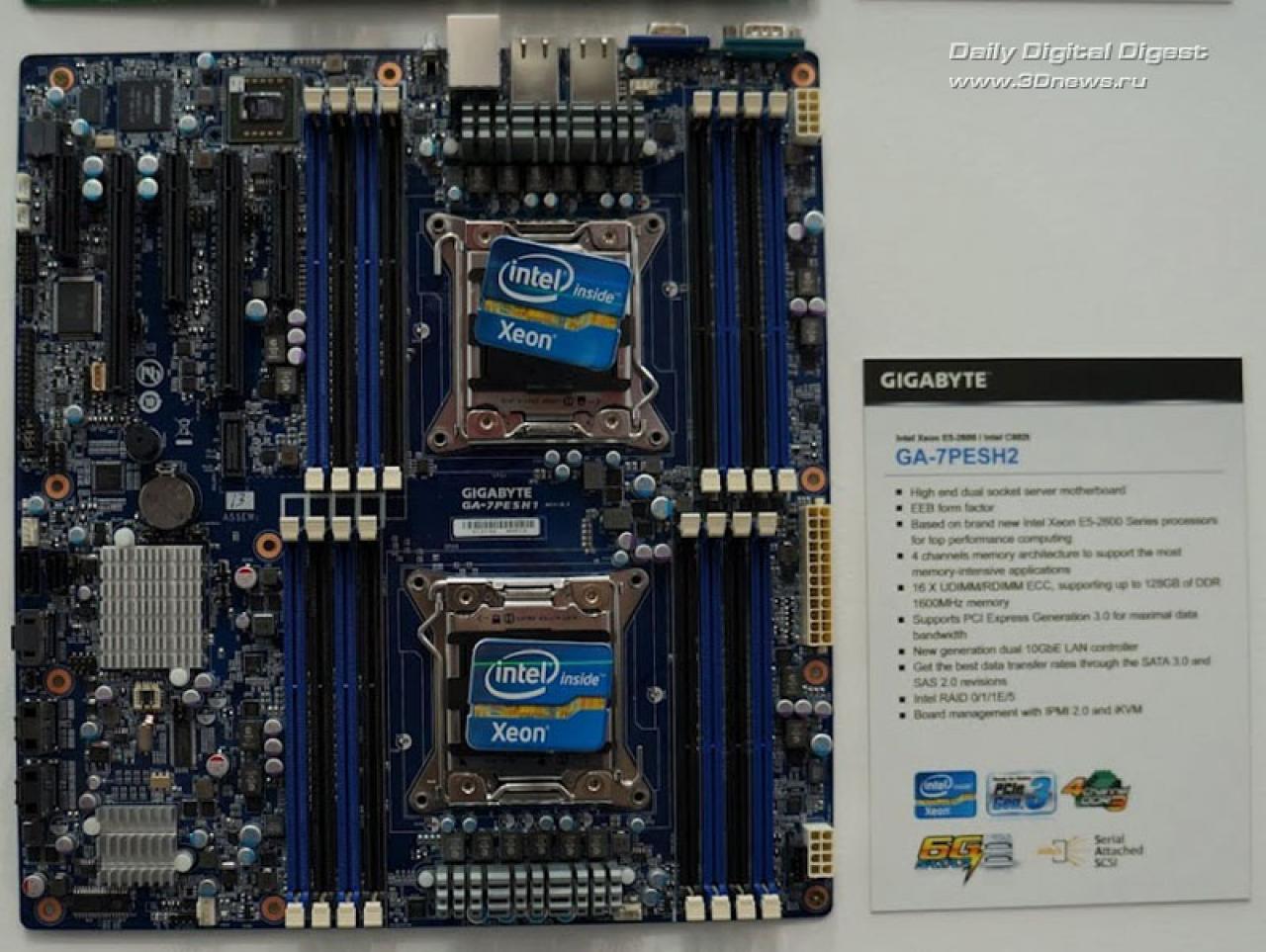 [09/03/2012] Cebit 2012: Auch Gigabyte mit Doppel-CPU-Board für Sockel-2011-Xeons.