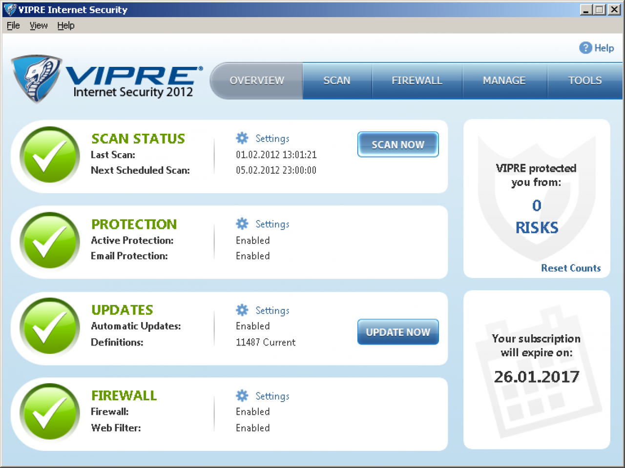 [23/03/2012] GFI Vipre Antivirus Premium 2012 (www.gfi.com): Schutzwirkung: 4,5 Punkte; Reparaturleistung: 3,0 Punkte; Benutzbarkeit: 5,0 Punkte - Gesamt: 12,5 Punkte