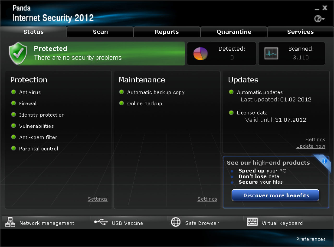 [23/03/2012] Panda Internet Security 2012 (www.pandasecurity.com): Schutzwirkung: 5,0 Punkte; Reparaturleistung: 4,0 Punkte; Benutzbarkeit: 5,5 Punkte - Gesamt: 14,5 Punkte