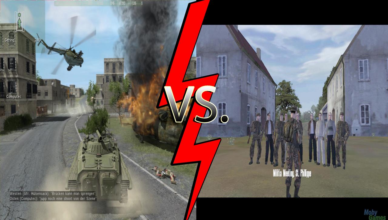 [18/04/2012] Arma vs. Operation Flashpoint. Dieses Duell entwickelt seine besondere Brisanz aus den Umständen hinter den Kulissen. Das Team hinter Operation Flashpoint trennte sich nämlich von Codemasters und entwickelte die Arma-Reihe, die spätestens seit dem zweiten Teil das ehemalige Vorbild überflügelt. Die Fans freuen sich schon auf Arma 3.