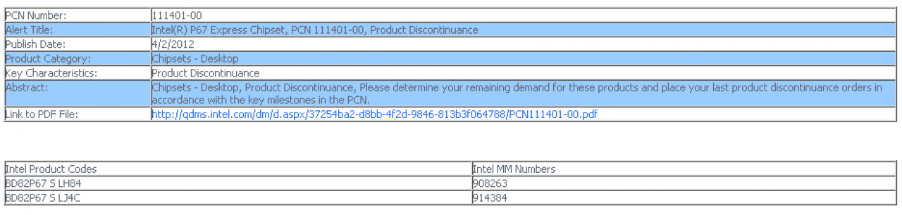 [03/04/2012] Intel schickt P67-Chipsatz in Rente - Produkteinstellung angekündigt