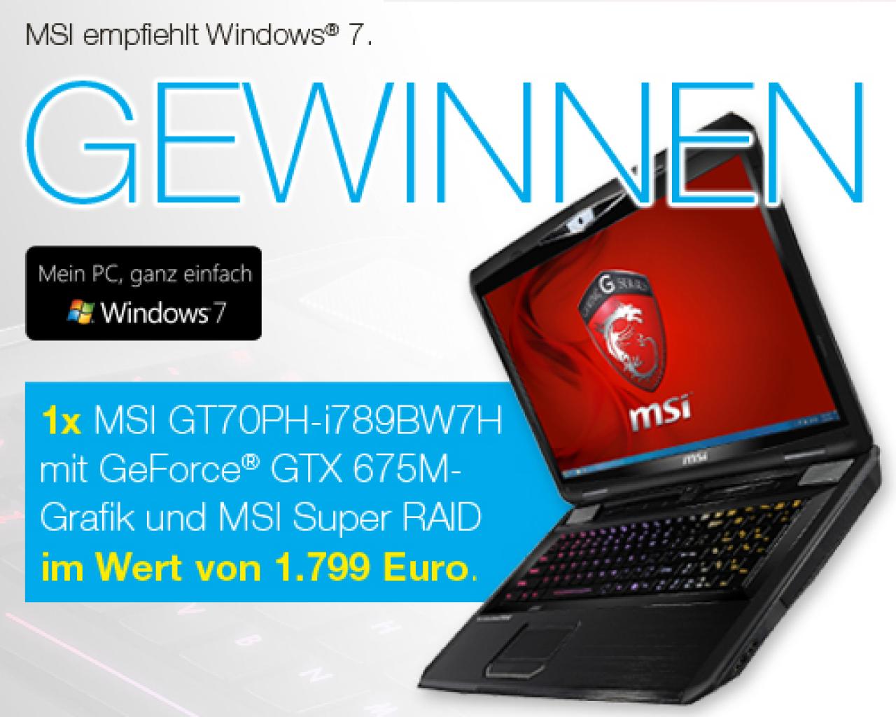 [23/05/2012] Gewinnspiel: MSI Gaming-Notebook MSI GT70PH-i789BW7H