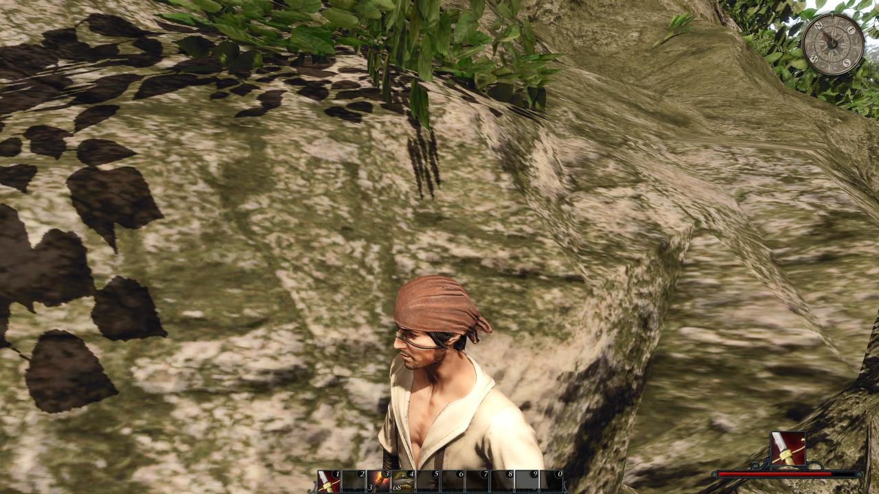 [09/05/2012] Risen 2 Flops: Mittig noch akzeptabel, wird die Textur am Rande des - extrem eckigen - Felsens stark verzerrt. Uäh.