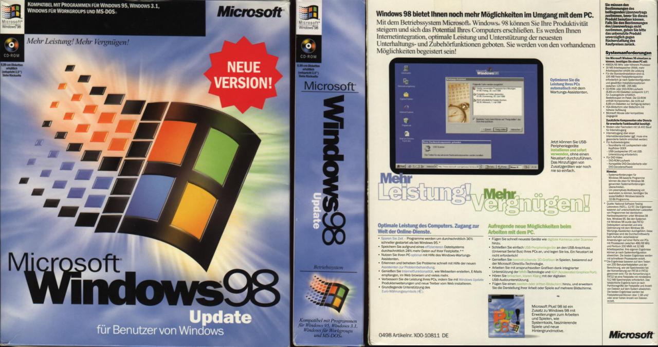 [22/06/2012] Der Packshot von Windows 98. Zur Packung von Windows 8 existieren noch keine Bilder.