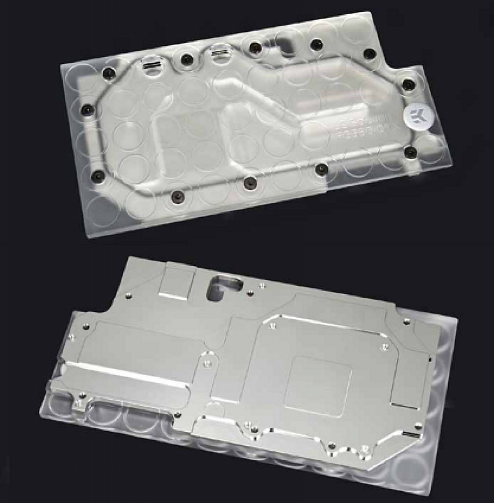 [09/06/2012] GPU-Kühler im neuen EK-Design erinnern, mit ihren über den funktionalen Teil hinausgehenden, teiltransparenten Deckel an das sogenannte 