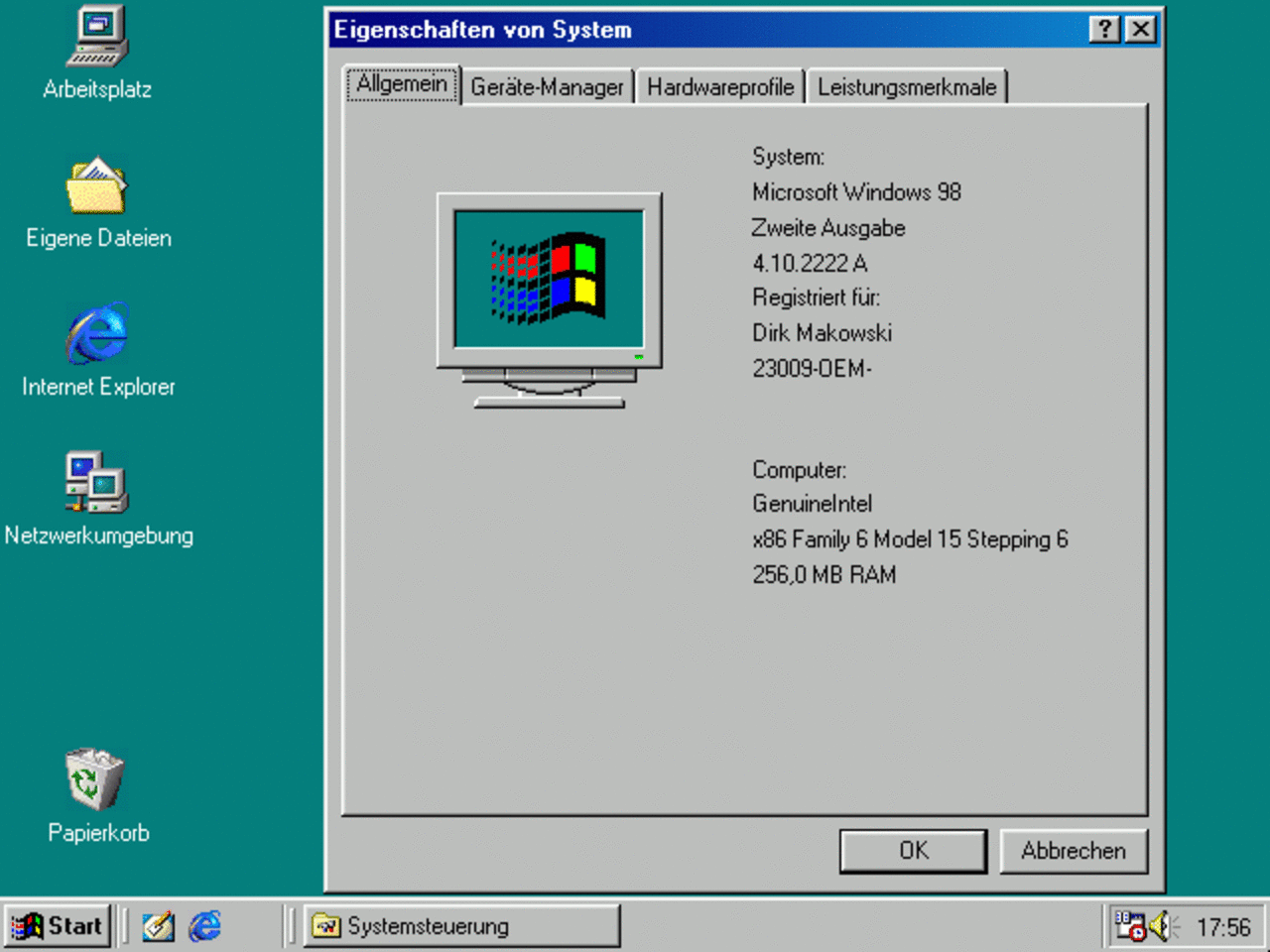 [22/06/2012] Der System-Info-Dialog von Windows 98...