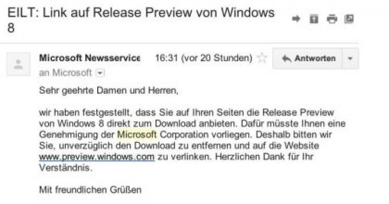 [18/07/2012] Microsoft verteilt irrtümlich Abmahnungen wegen Windows 8-Downloads