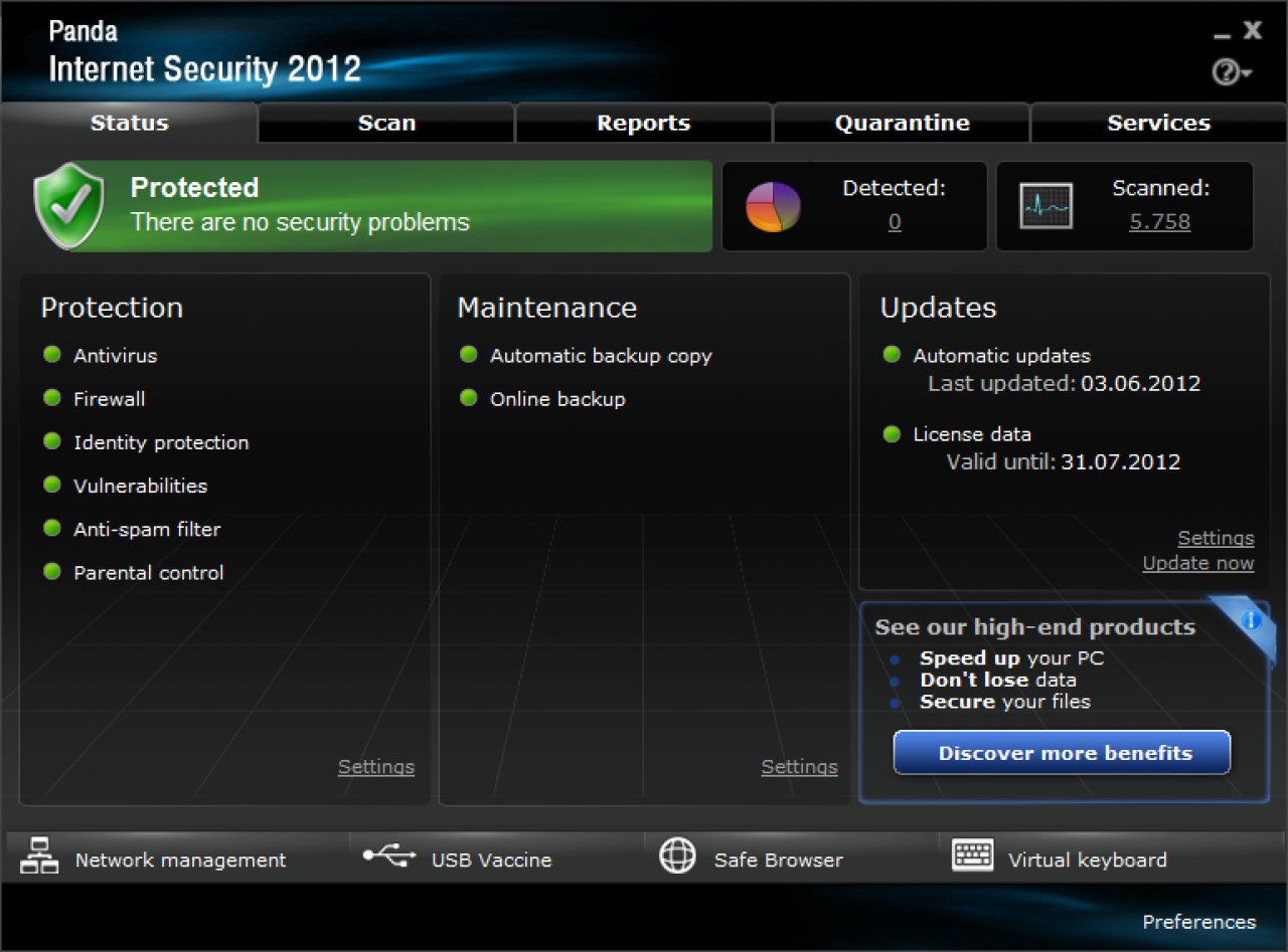 [30/07/2012] Consumer, Platz 16: Panda Internet Security 2012: Schutzpunktzahl: 5,0 - Reparaturpunktzahl: 4,0 - Bedienbarkeitspunktzahl: 4,0 - Gesamtpunktzahl: 13,0 - Zertifikat: Ja - Anbieter-Webseite