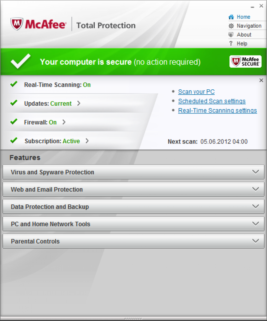 [30/07/2012] Consumer, Platz 25: McAfee Total Protection 2012: Schutzpunktzahl: 3,5 - Reparaturpunktzahl: 2,5 - Bedienbarkeitspunktzahl: 5,0 - Gesamtpunktzahl: 11,0 - Zertifikat: Ja - Anbieter-Webseite