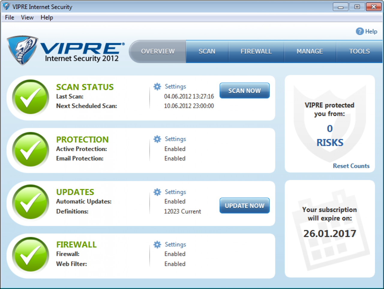 [30/07/2012] Consumer, Platz 12: GFI VIPRE Internet Security 2012: Schutzpunktzahl: 5,0 - Reparaturpunktzahl: 4,5 - Bedienbarkeitspunktzahl: 5,0 - Gesamtpunktzahl: 14,5 - Zertifikat: Ja - Anbieter-Webseite