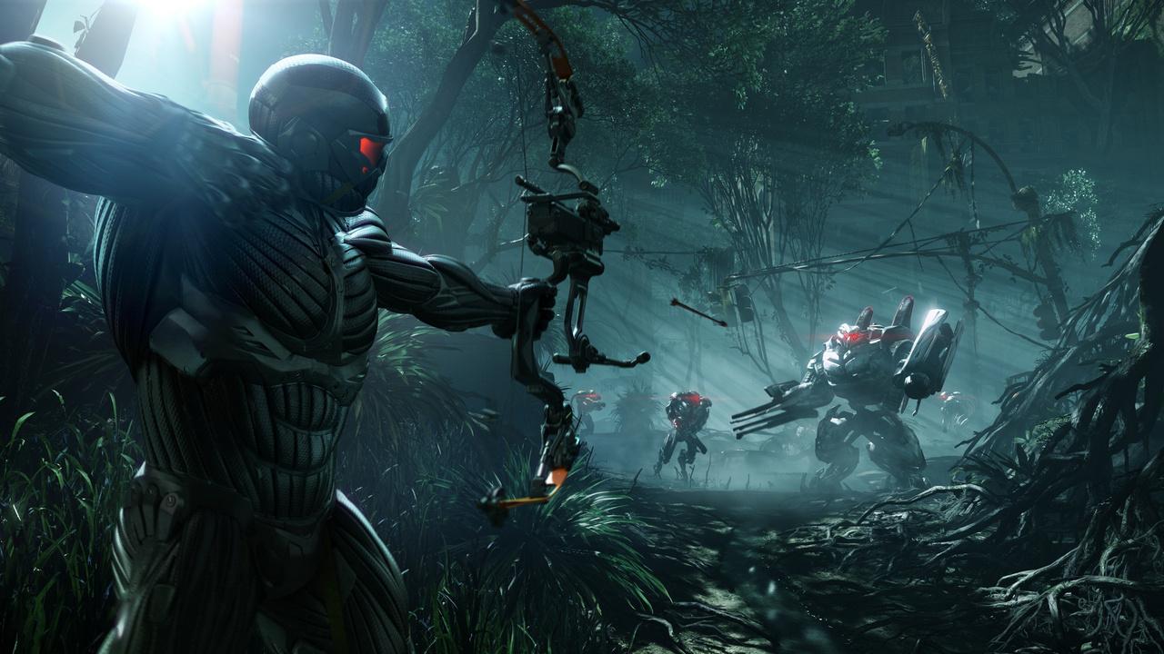 [23/08/2012] Prophet, der Protagonist aus Crysis 3, attackiert mit dem neuen Kompositbogen einen Ceph-Heavy, im Hintergrund mehrere Stalker und Grunts