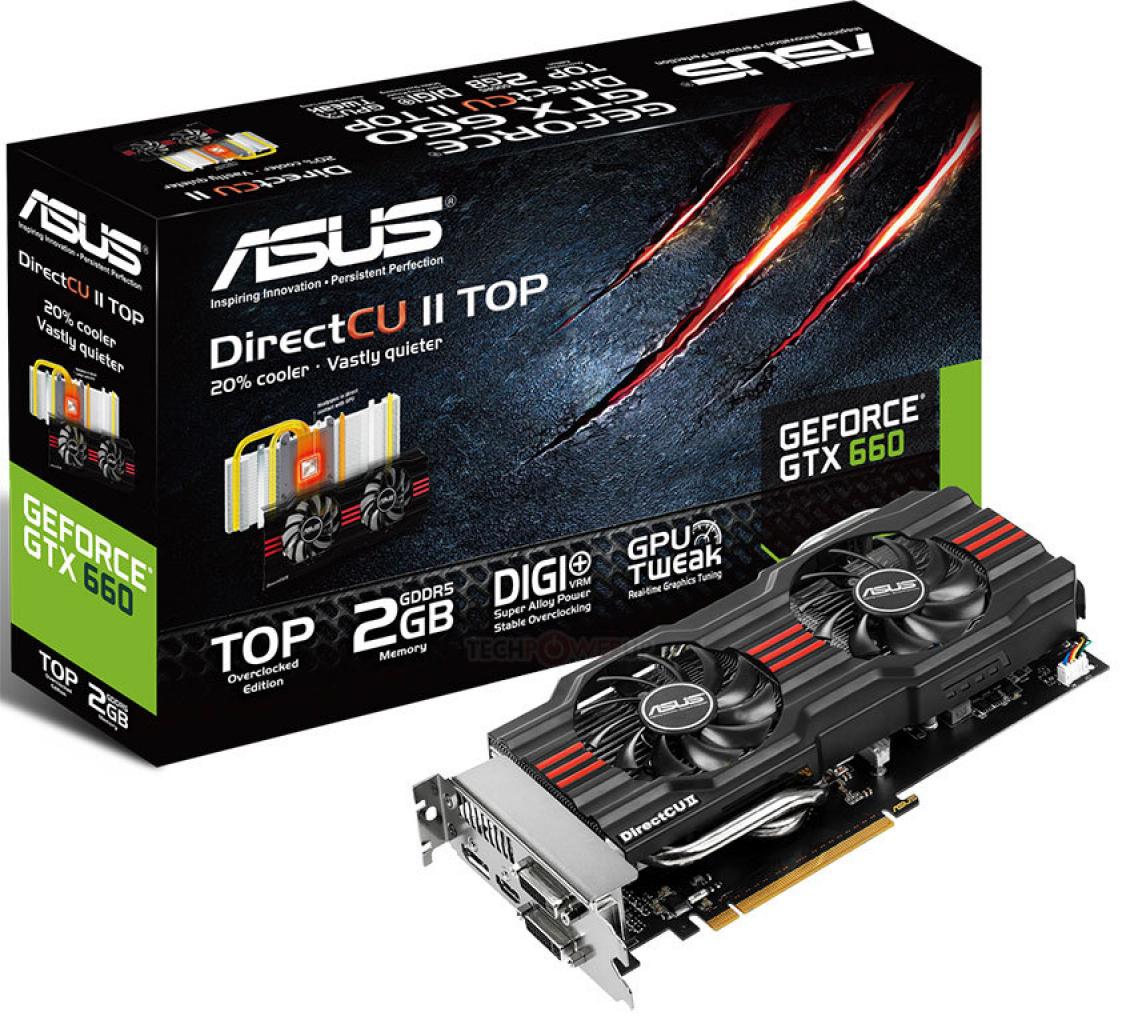 [13/09/2012] Asus Geforce GTX 660 DirectCU II (TOP/OC) - Das TOP-Modell kommt mit OC von 1.072/1.137/3.054MHz. Das OC Modell bietet 1.020/1.085/3004 MHz.