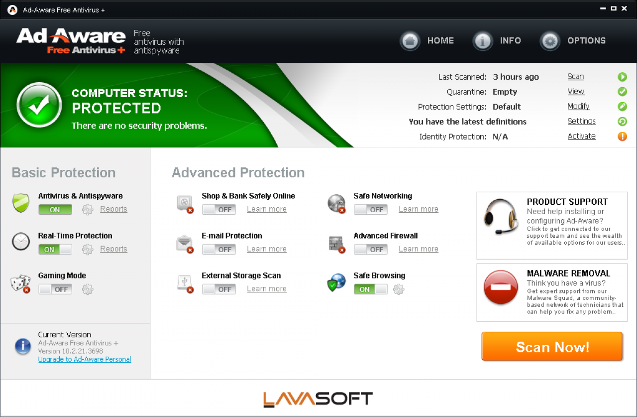 [17/09/2012] Consumer Platz 22: Lavasoft Ad-Aware Free Antivirus+ 10.1/10.2 (122667) - Schutzpunktzahl: 3,5 Reparaturpunktzahl: 2,0 Bedienbarkeitspunktzahl: 5,0 Gesamtpunktzahl: 10,5 Zertifikat: nein