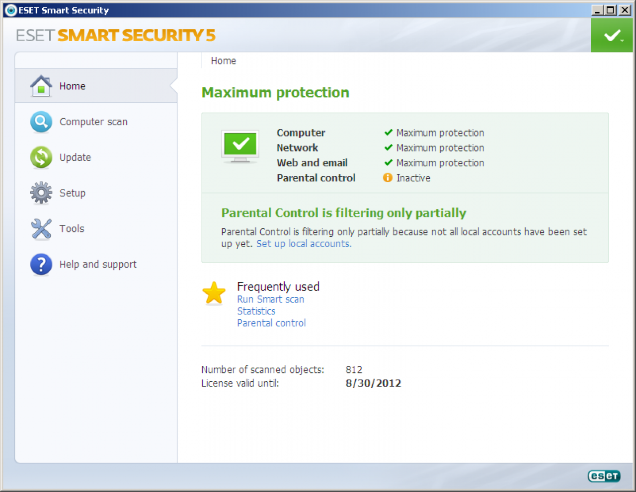[17/09/2012] Consumer Platz 17: Eset Smart Security 5.2 (122662) - Schutzpunktzahl: 3,5 Reparaturpunktzahl: 3,0 Bedienbarkeitspunktzahl: 5,5 Gesamtpunktzahl: 12,0 Zertifikat: ja