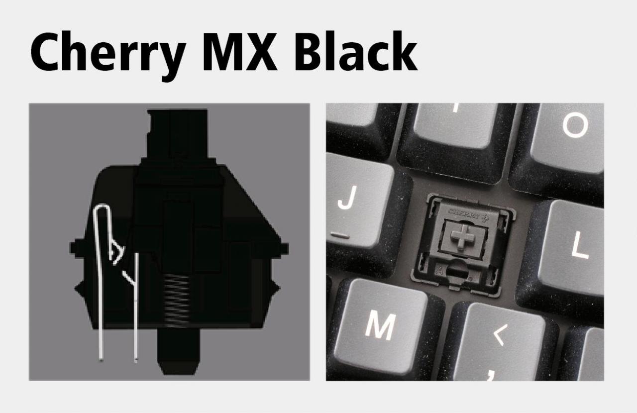 [18/10/2012] Cherry MX BLACK: Typ: Linear / Akustisches Feedback: Nein / Auslöseweg: 2 mm / Anschlagsweg: 4 mm / Aktivierungsdruck: 60 g / Eigenschaften: Die Schwarzen Cherrys besitzen den höchsten Pressdruck. Der Auslöse- und Freigabepunkt liegt auf derselben Position, das erlaubt schnelle Mehrfachbetätigungen.