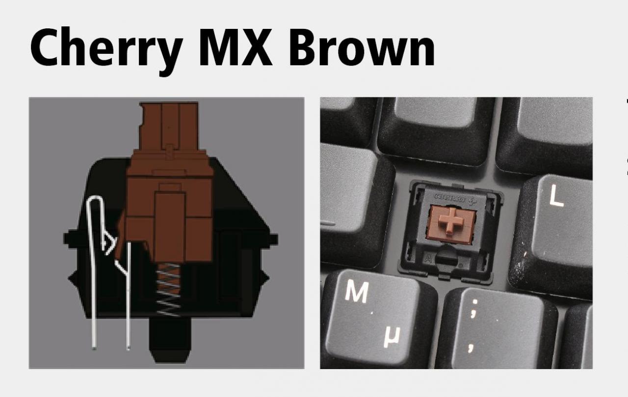 [18/10/2012] Cherry MX BROWN: Typ: Taktil / Akustisches Feedback: Nein / Auslöseweg: 2 mm / Anschlagsweg: 4 mm / Aktivierungsdruck: 45 g / Eigenschaften: Wer sich für die braune Cherry-MX-Variante entscheidet, möchte eine leicht spürbare (taktile) Rückmeldung für die Aktivierung des Schalters nach dem halben Druckweg.