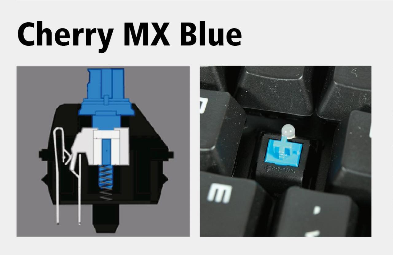 [18/10/2012] Cherry MX BLUE: Typ: Taktil / Akustisches Feedback: Ja (Klick) / Auslöseweg: 2 mm / Anschlagsweg: 4 mm / Aktivierungsdruck: 50 g / Eigenschaften: Die Schalter mit haptischem/akustischem Feedback eignen sich ideal zum Schreiben. Spieler könnte stören, dass der Freigabe- oberhalb des Aktivierungspunkts liegt.