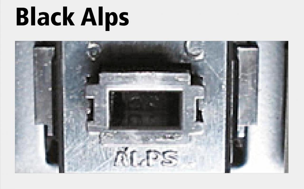 [18/10/2012] Black Alps: Typ: Taktil / Akustisches Feedback: Nein / Auslöseweg: K. A. / Anschlagsweg: 3,5 mm / Aktivierungsdruck: 60/70 g / Eigenschaften: Schwarze Alps sind einer der beiden am häufigsten genutzen Alps-Schalter. Oft wird kritisiert, dass sie sich steif anfühlen, hart anschlagen und Reibung erzeugen.