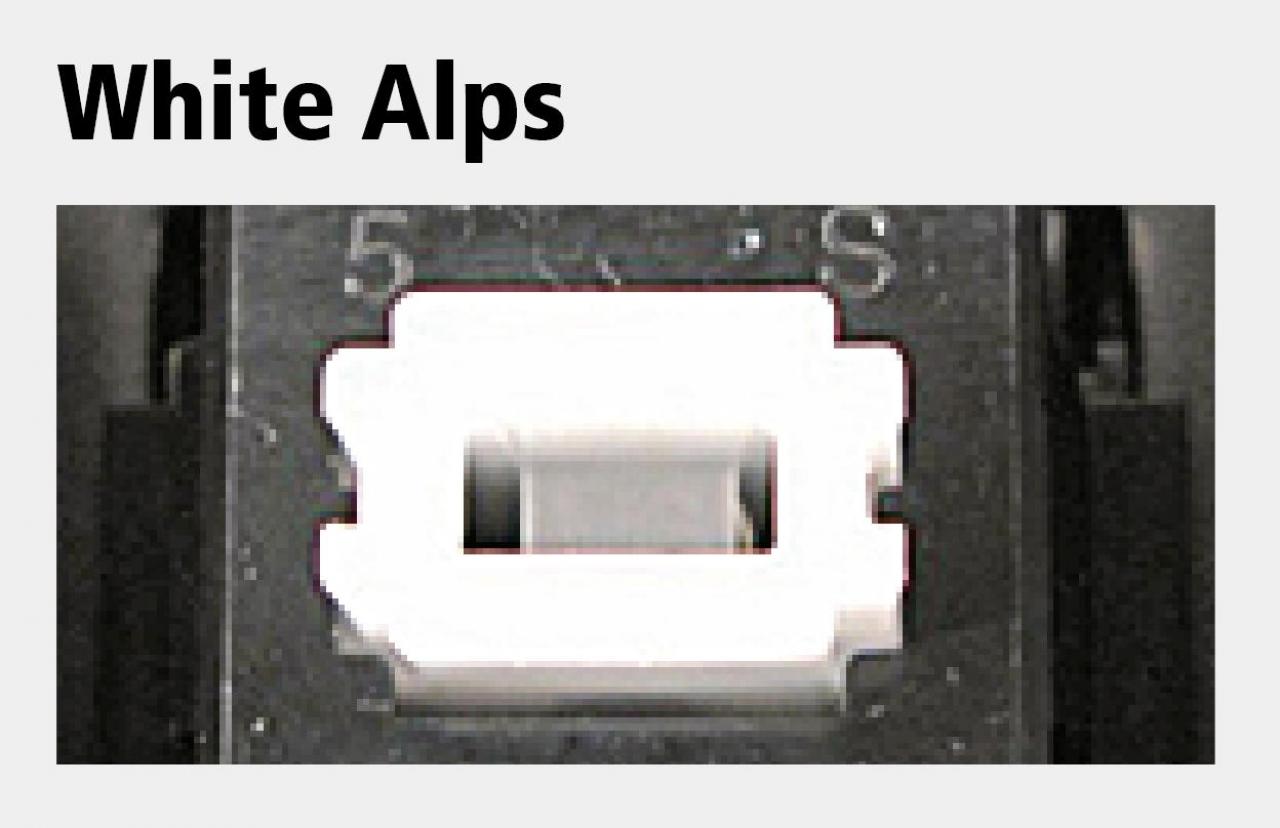 [18/10/2012] White Alps: Typ: Taktil / Akustisches Feedback: Ja (Klick) / Auslöseweg: K. A. / Anschlagsweg: 3,5 mm / Aktivierungsdruck: 60/70 g / Eigen-schaften: Weiße Alps sind populärer als schwarze Alps. Ihre taktile Rückmeldung ist besser ausgeprägt und sie lassen sich mit weniger Kraft bis zum Anschlag durchdrücken.