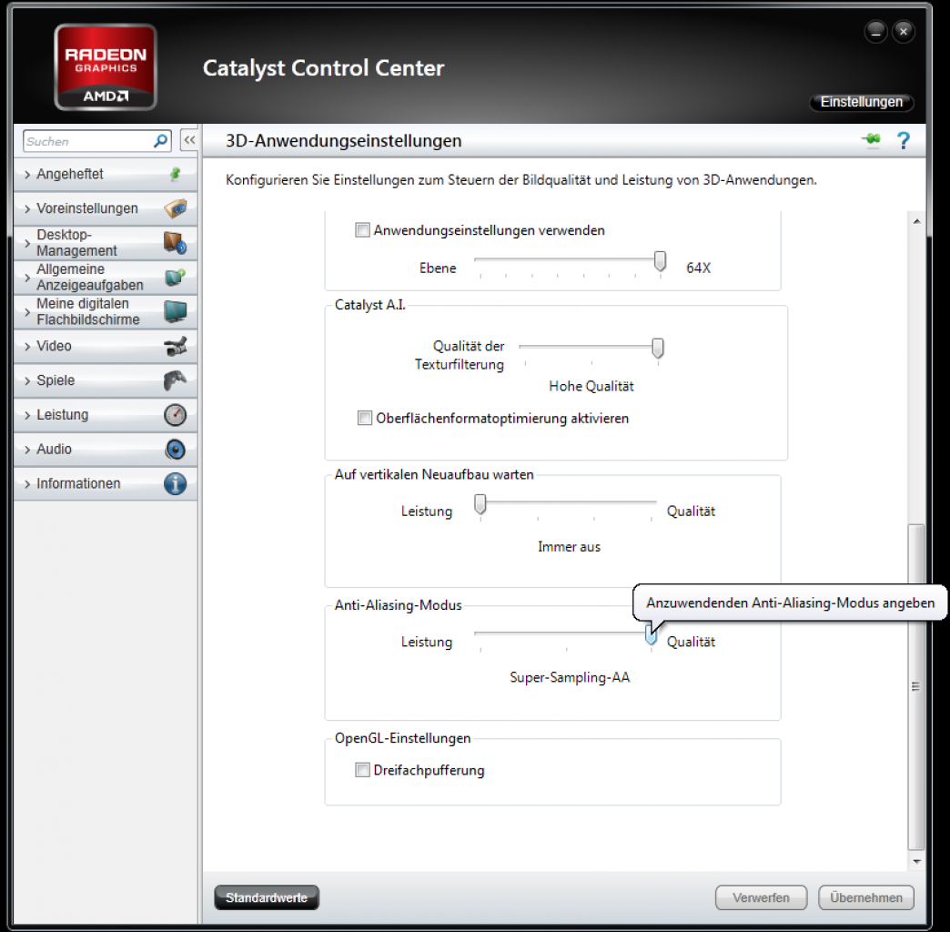 [29/10/2012] Catalyst Control Center: Hier schalten Sie Supersample-AA (SGSSAA) ein.