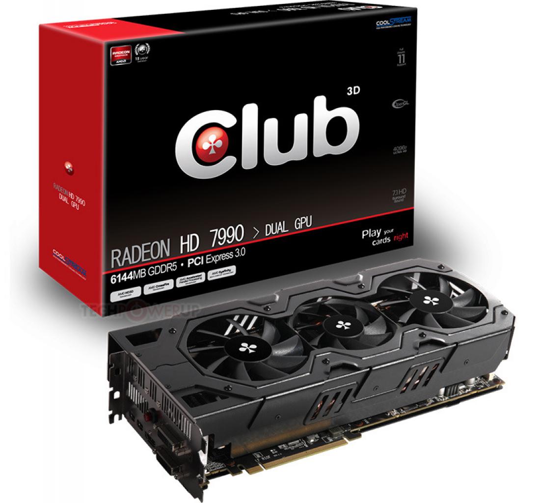 [20/10/2012] Wie die bisher bekannten Grafikkarten von anderen Herstellern, nutzt auch die Club 3D Radeon HD 7990 einen gigantischen Triple-Slot-Kühler mit drei Lüftern. Unter dem massiven Aluminium-Konstrukt lauern zwei Tahiti XT-Chips auf Rechendaten. Der GPU-Takt beträgt dabei 900 Mhz, per Turbo und Druck auf den rückwertig angebrachten Knopf steigt die Taktfrequenz auf bis zu 925 MHz.